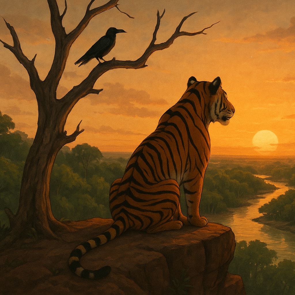 Illustrated tiger and crow overlooking a river at sunset, artwork for The Sundarbans Tiger