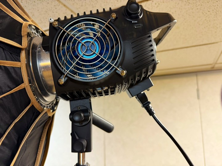 Rear view of a studio light used in the rehearsal setup