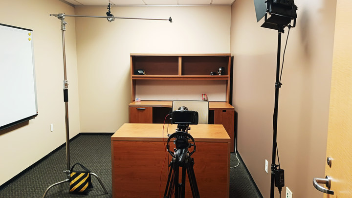 Production Room F recording arrangement viewed from the doorway