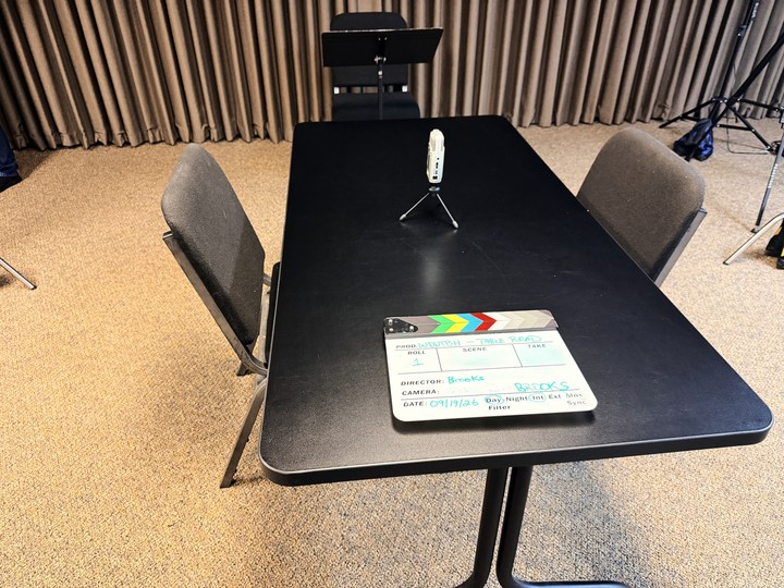 Rehearsal table with a tabletop recorder and table-read slate